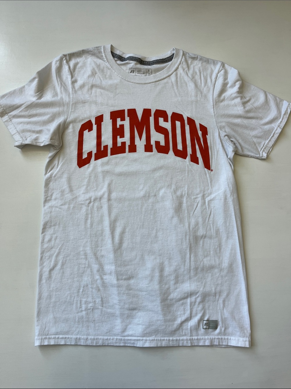 RUSSELL ATHLETIC Clemson University White Tee with Bold Orange Logo